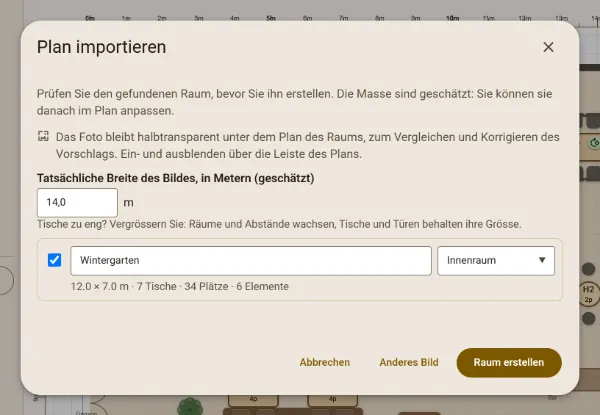 Das Fenster «Plan importieren» nach dem Lesen: der gefundene Raum Wintergarten, 12,0 × 7,0 m, 7 Tische, 34 Plätze, 6 Elemente, und das Foto, das unter dem Plan bleibt