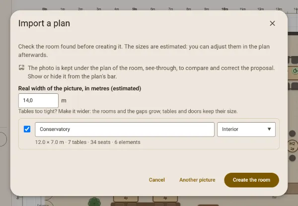 The "Import a plan" window after the reading: the Conservatory room found, 12.0 × 7.0 m, 7 tables, 34 seats, 6 elements, and the photo kept under the plan