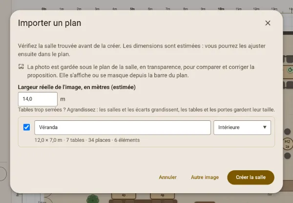 La fenêtre « Importer un plan » après la lecture : la salle Véranda trouvée, 12,0 × 7,0 m, 7 tables, 34 places, 6 éléments, et la photo gardée sous le plan