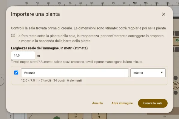 La finestra «Importare una pianta» dopo la lettura: la sala Veranda trovata, 12,0 × 7,0 m, 7 tavoli, 34 posti, 6 elementi, e la foto conservata sotto la pianta