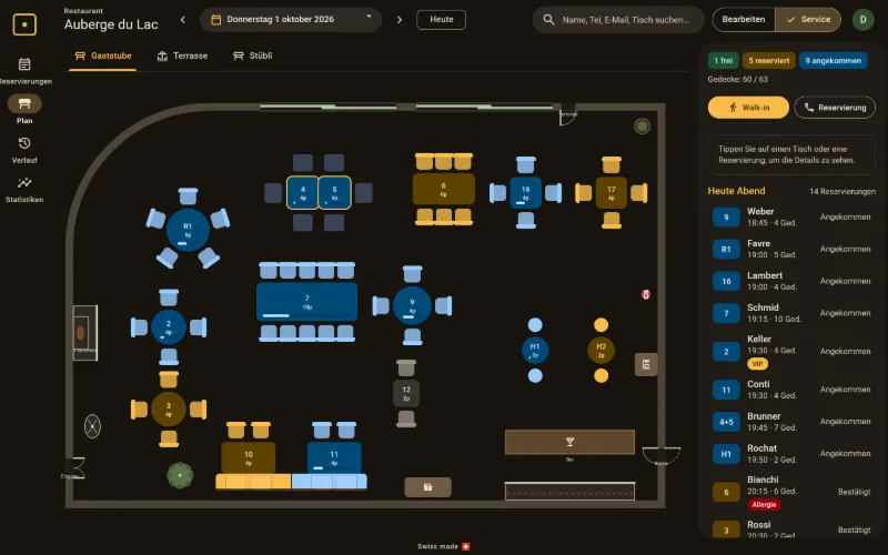 Der Tischplan während des Service im dunklen Design, mit dem Feld «Heute Abend»