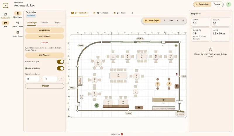 Der Editor des Tischplans: die Gaststube der Auberge du Lac mit abgerundeter Ecke, Cheminée, Bar, runden, quadratischen und rechteckigen Tischen, Bänken, Stehtischen und Türen
