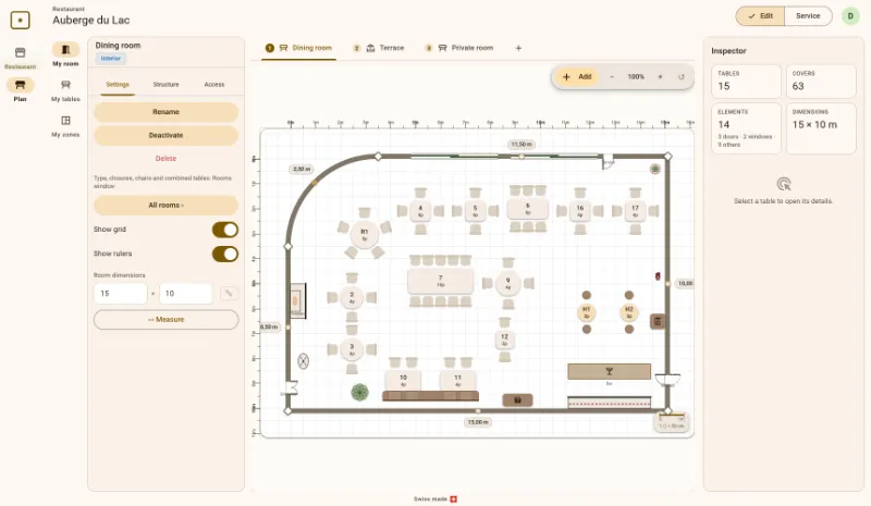 The floor plan editor: the dining room of the Auberge du Lac with its rounded corner, fireplace, bar, round, square and rectangular tables, banquettes, high tables and doors