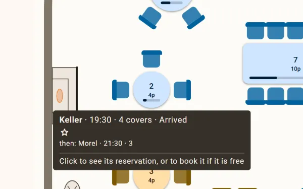 A table's summary on hover: the guest at the table, the time, the covers, then the next booking