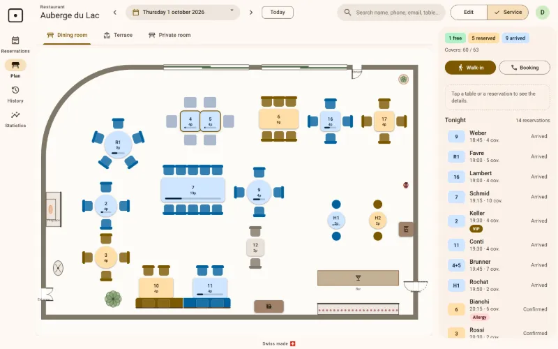 The floor plan during service: free, booked and occupied tables in colour, and the "Tonight" panel with the evening's bookings