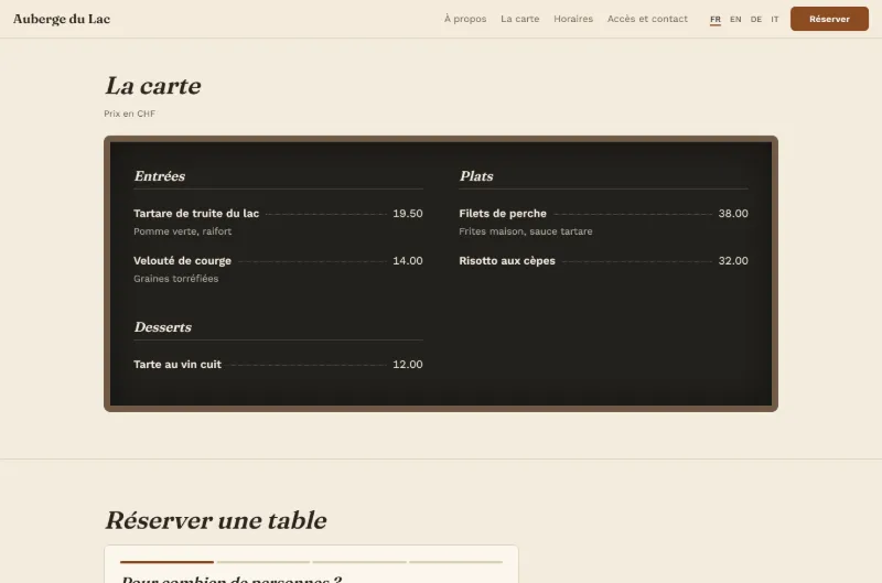 Le site web de l'Auberge du Lac sur resto-one.com : présentation et carte avec les prix