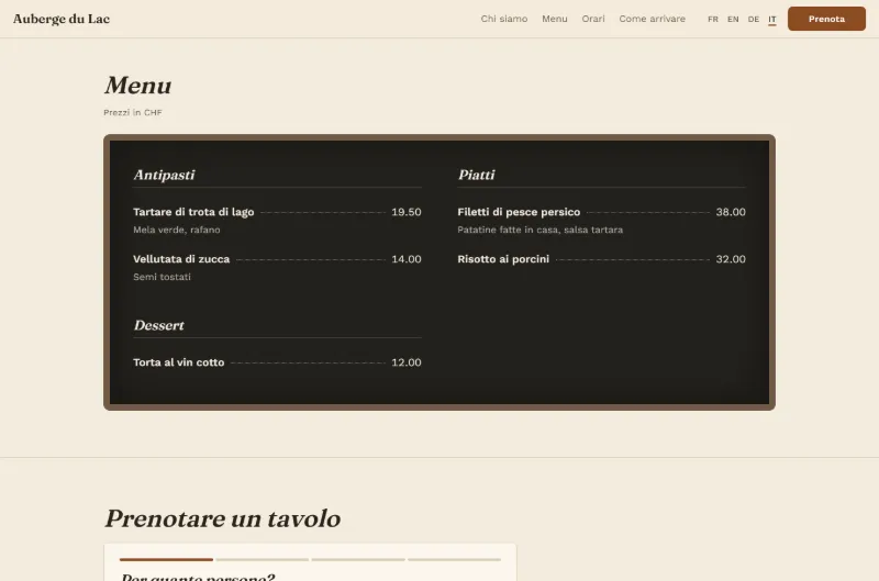 Il sito web dell'Auberge du Lac su resto-one.com: presentazione e menù con i prezzi