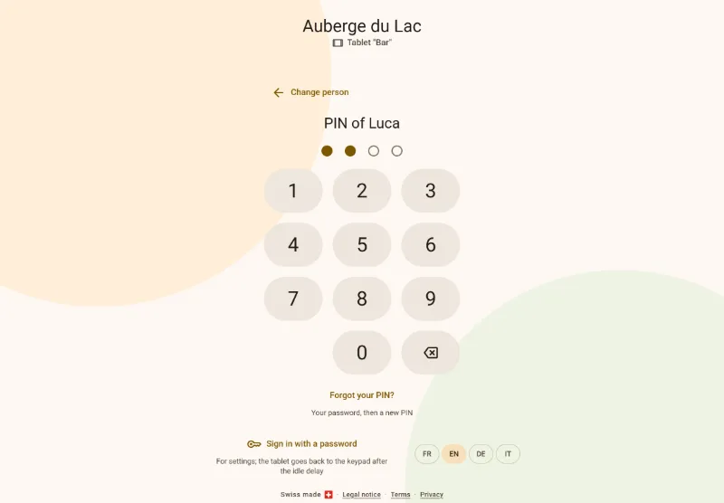 The locked floor tablet: the server has picked their first name and types their four-digit PIN
