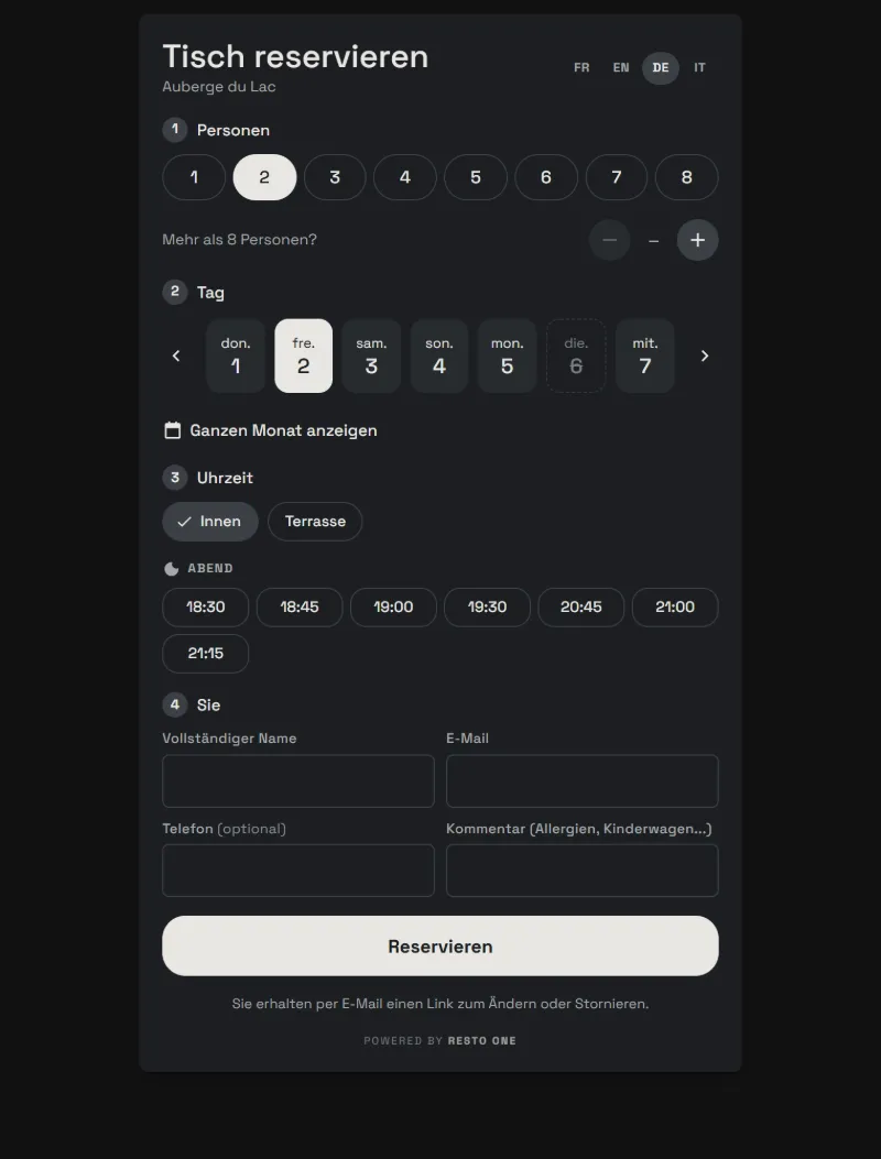 Das Online-Reservationsformular: Personenzahl, Tag, drinnen oder draussen, Uhrzeit und Kontaktangaben